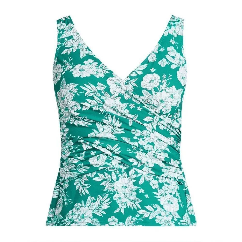 Land's End Plus slender suit wrap tankini top emerald white romantic floral 16W
